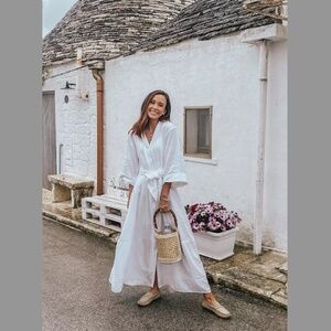 ME + EM White Cheesecloth Button Front Maxi Shirt Dress + Belt